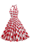 Vestido swing a cuadros rojos Halter de la década de 1950