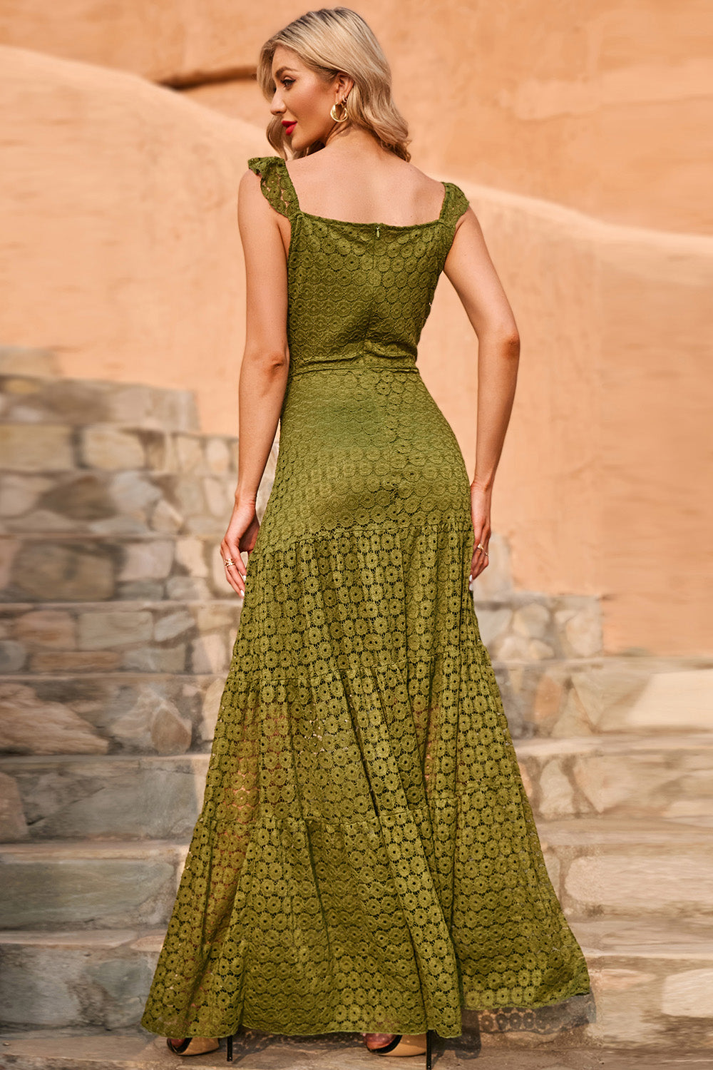 Maxi Vestido de Encaje Verde de Verano del Ejército