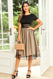 Negro Lunares Mangas Cortas Vintage 1950s Vestido