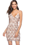 Champagne Fringe Espagueti de lentejuelas Straps Vestido de cóctel