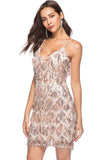Champagne Fringe Espagueti de lentejuelas Straps Vestido de cóctel
