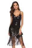 Espagueti de lentejuelas negras Straps Fringe Cocktail Dress