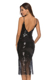 Espagueti de lentejuelas negras Straps Fringe Cocktail Dress