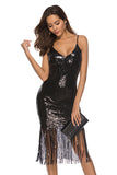 Espagueti de lentejuelas negras Straps Fringe Cocktail Dress
