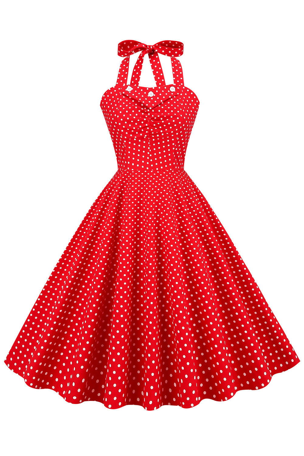 Estilo retro Halter Red Polka Dots Vestido de la década de 1950