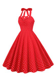 Estilo retro Halter Red Polka Dots Vestido de la década de 1950