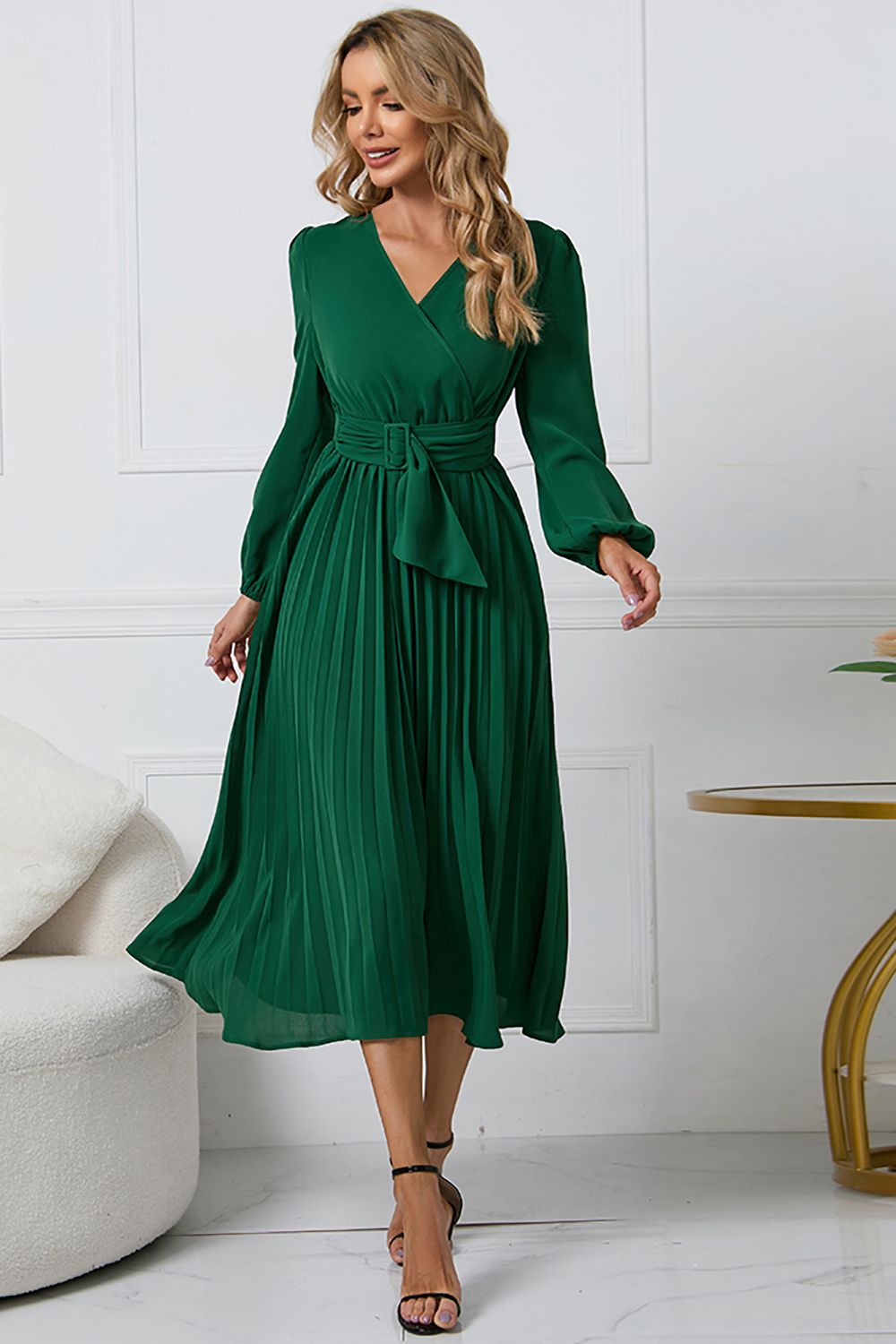 Vestido Casual con Volantes Verde Manga Larga