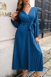 Vestido casual azul cuello en V con faja