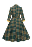 Verde V Cuello Vestido Vintage A Cuadros