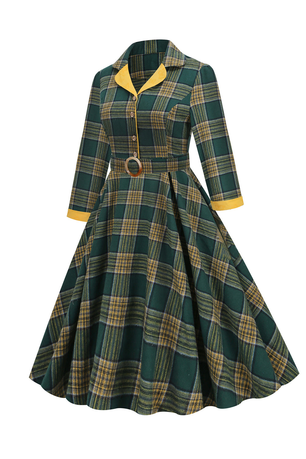 Verde V Cuello Vestido Vintage A Cuadros