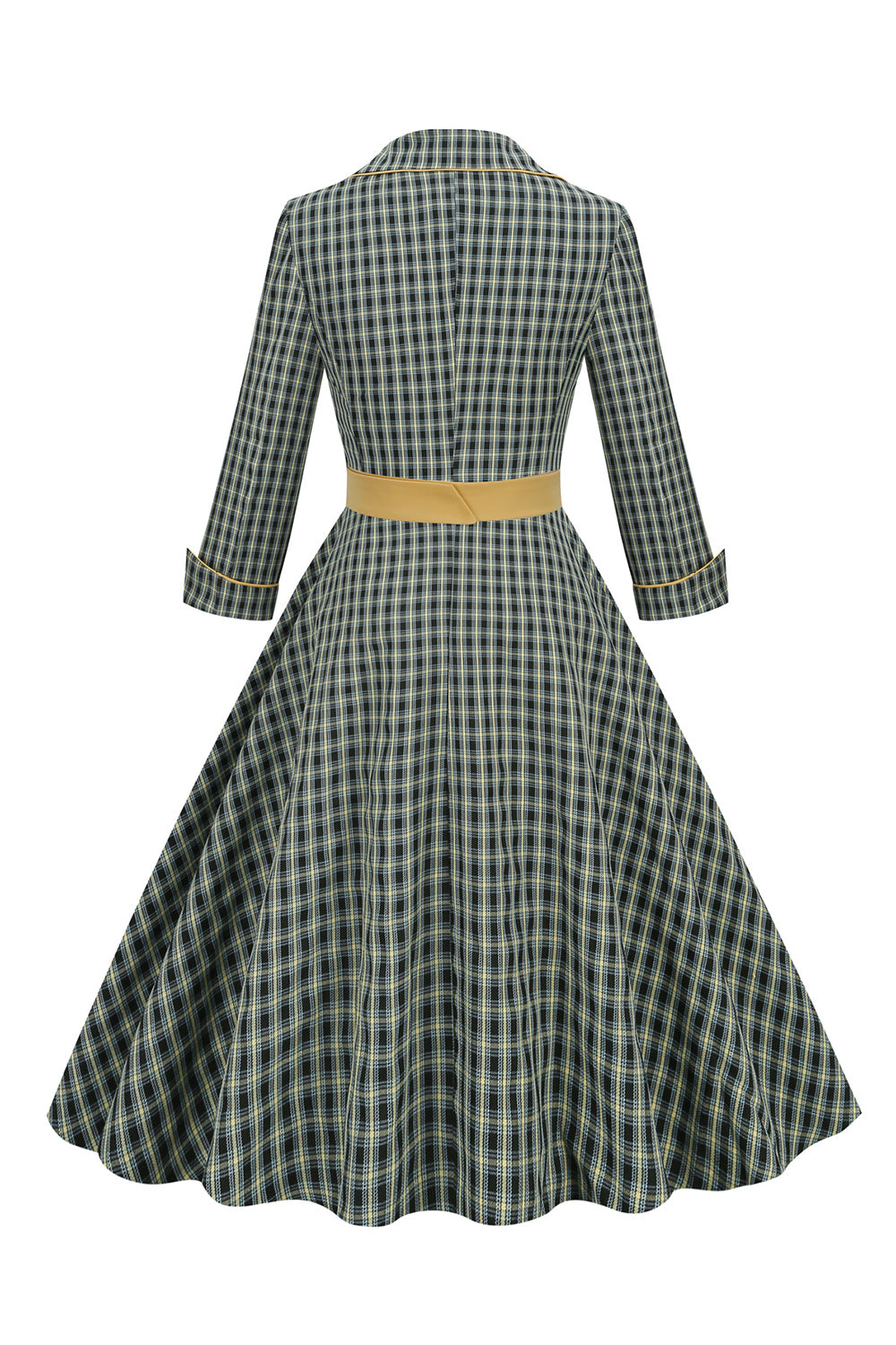 V Cuello Verde Faja 1950s Vestido con 3/4 Mangas