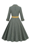 V Cuello Verde Faja 1950s Vestido con 3/4 Mangas