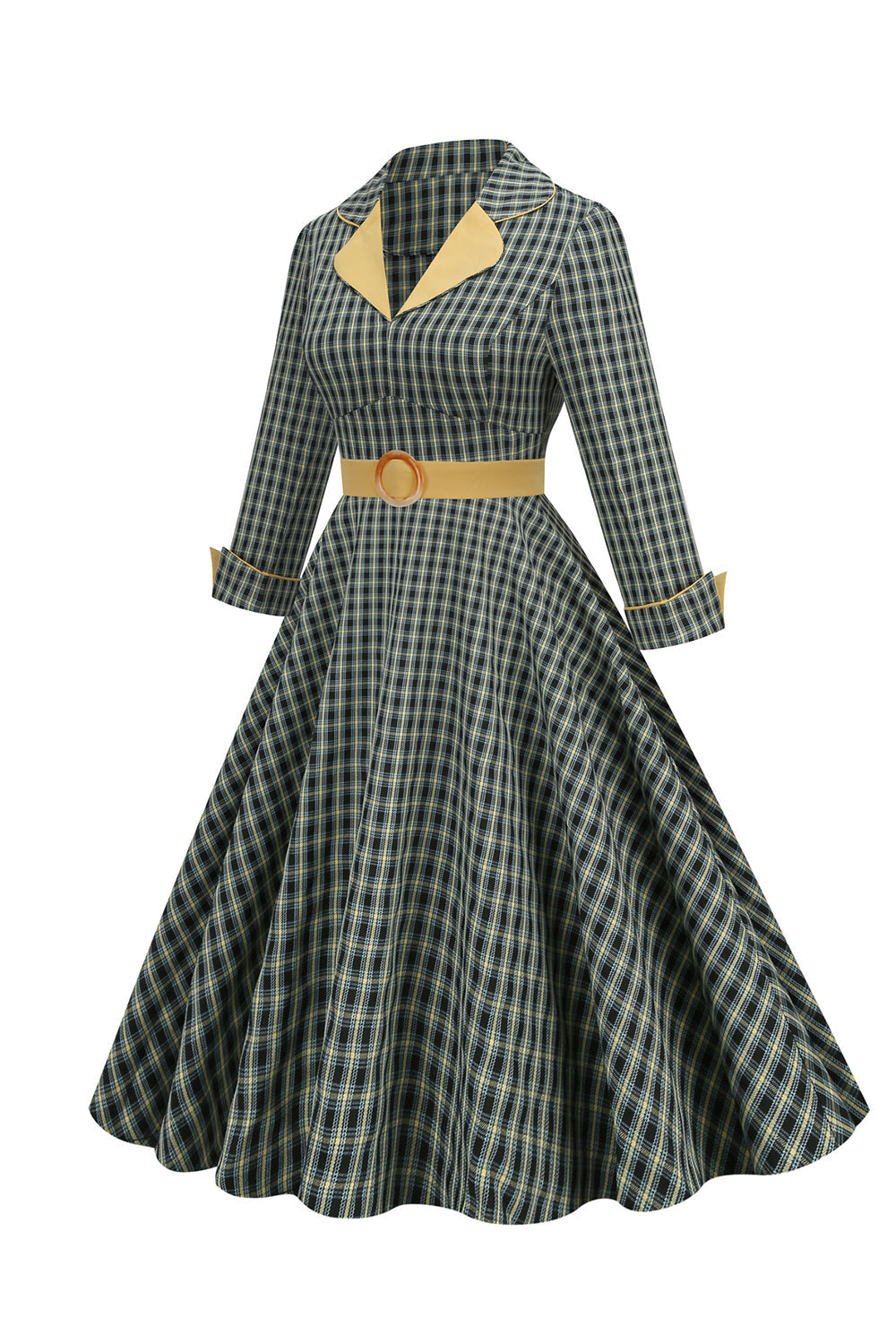 V Cuello Verde Faja 1950s Vestido con 3/4 Mangas