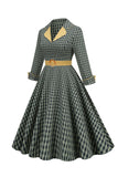 V Cuello Verde Faja 1950s Vestido con 3/4 Mangas