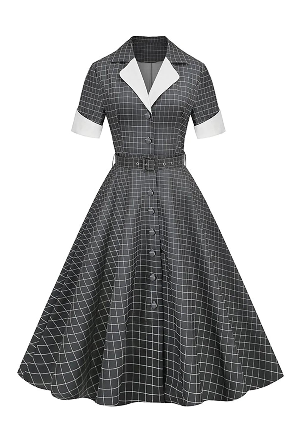 Vestido Vintage Cuello de Solapa A Cuadros Gris