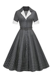 Vestido Vintage Cuello de Solapa A Cuadros Gris