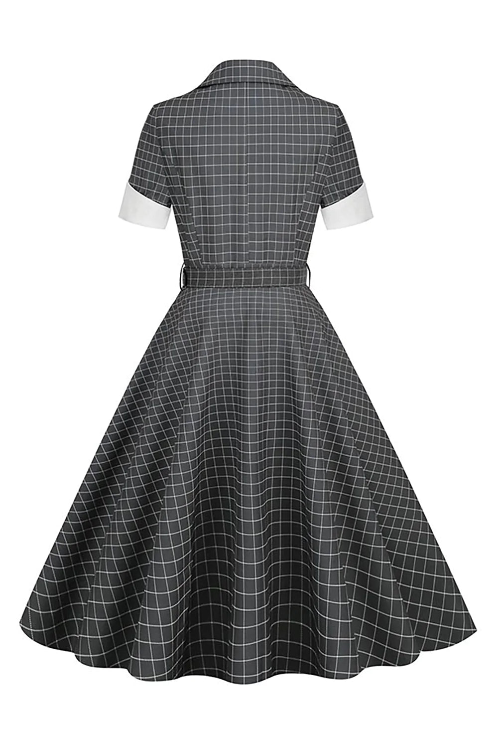 Vestido Vintage Cuello de Solapa A Cuadros Gris