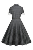 Vestido Vintage Cuello de Solapa A Cuadros Gris
