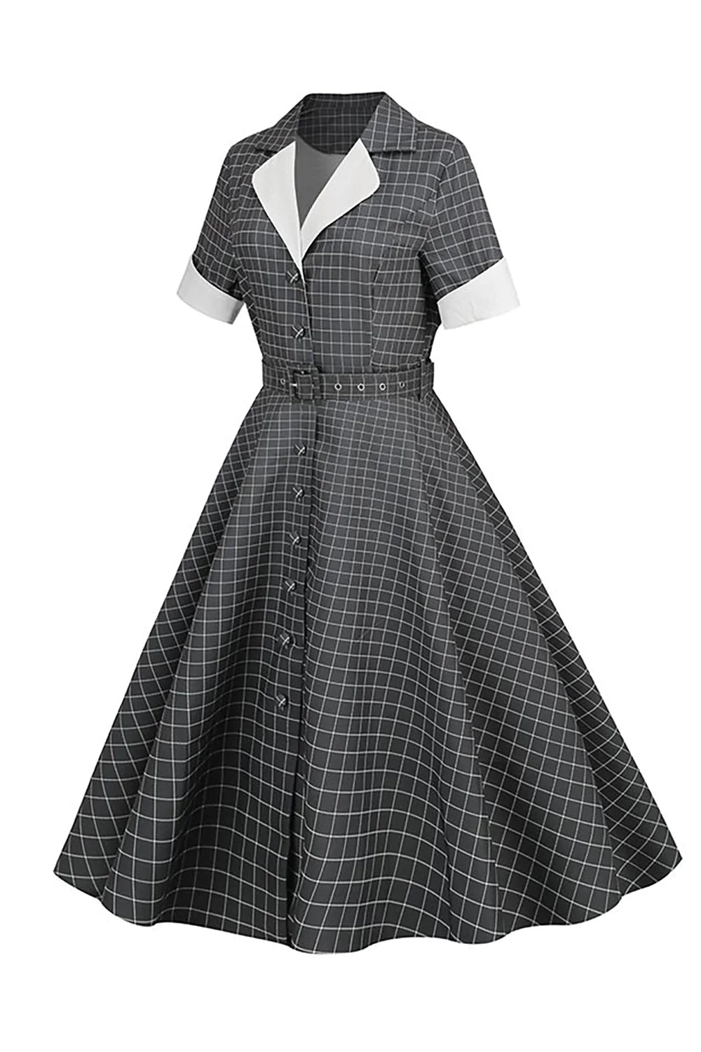 Vestido Vintage Cuello de Solapa A Cuadros Gris