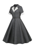 Vestido Vintage Cuello de Solapa A Cuadros Gris