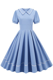 Vestido Azul Retro Mangas Cortas