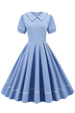 Vestido Azul Retro Mangas Cortas