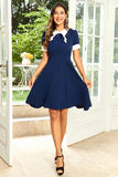 Azul Marino 1950s Vestido Con Pajarita