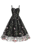 A Línea Negro 1950s Vestido Con Bordado