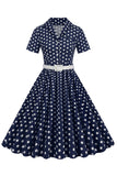 Cuello en V Azul Lunares 1950s Vestido