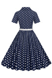 Cuello en V Azul Lunares 1950s Vestido