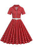 Cuello en V Azul Lunares 1950s Vestido