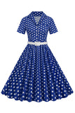 Cuello en V Azul Lunares 1950s Vestido
