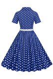 Cuello en V Azul Lunares 1950s Vestido