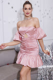 Vestido de Cóctel Con Volantes Corto Rosa