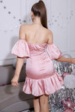 Vestido de Cóctel Con Volantes Corto Rosa