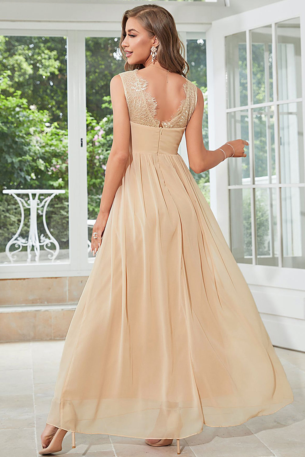 Vestido Boda Invitada Con Encaje Gasa Albaricoque