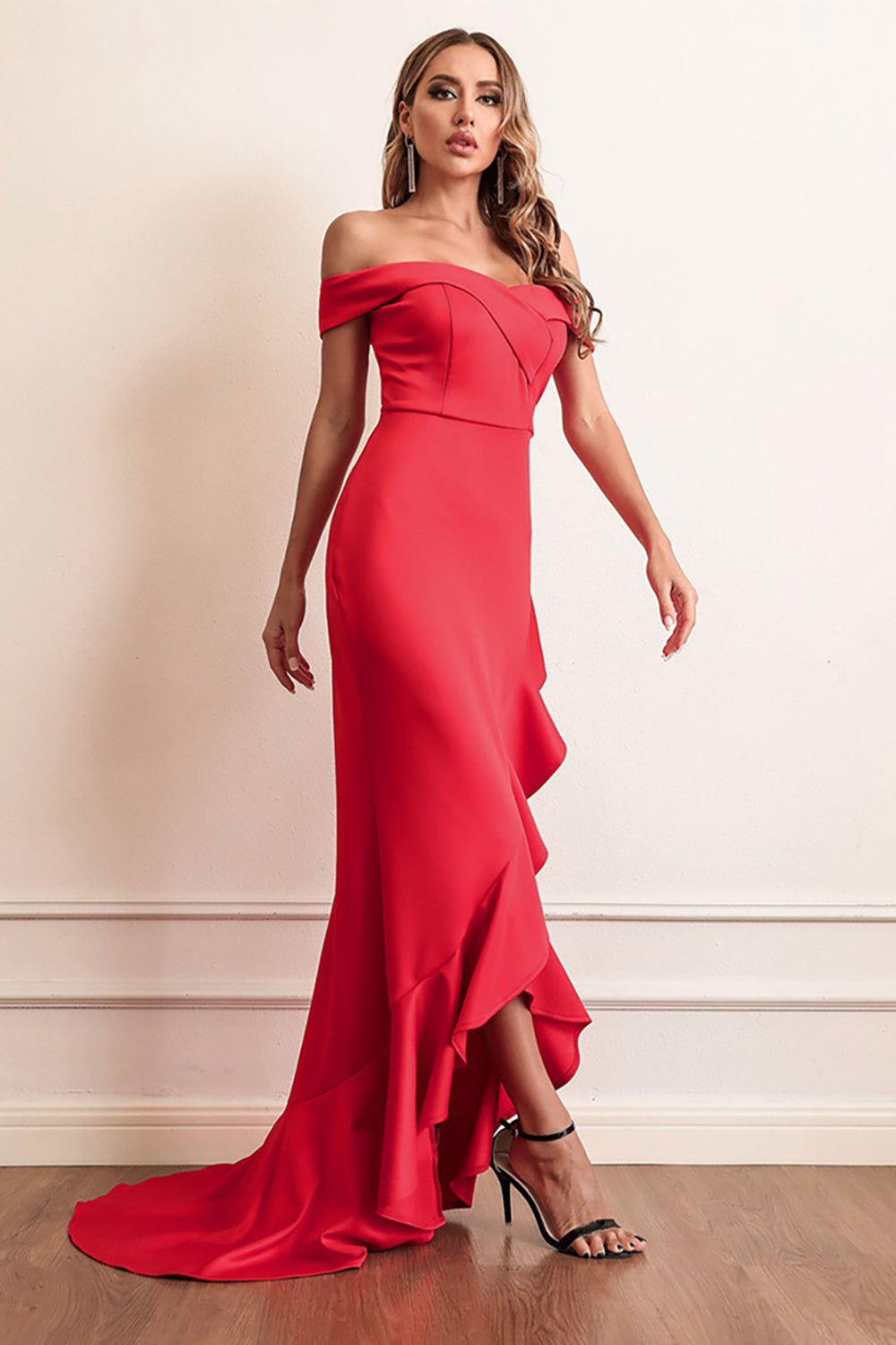 Funda Rojo Fuera del Hombro Vestido de Fiesta Con Volantes