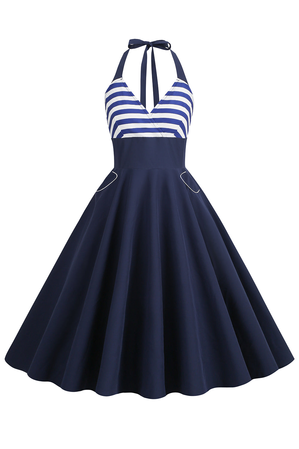 Halter Rayas Azul Vestido Retro Con Bolsillos