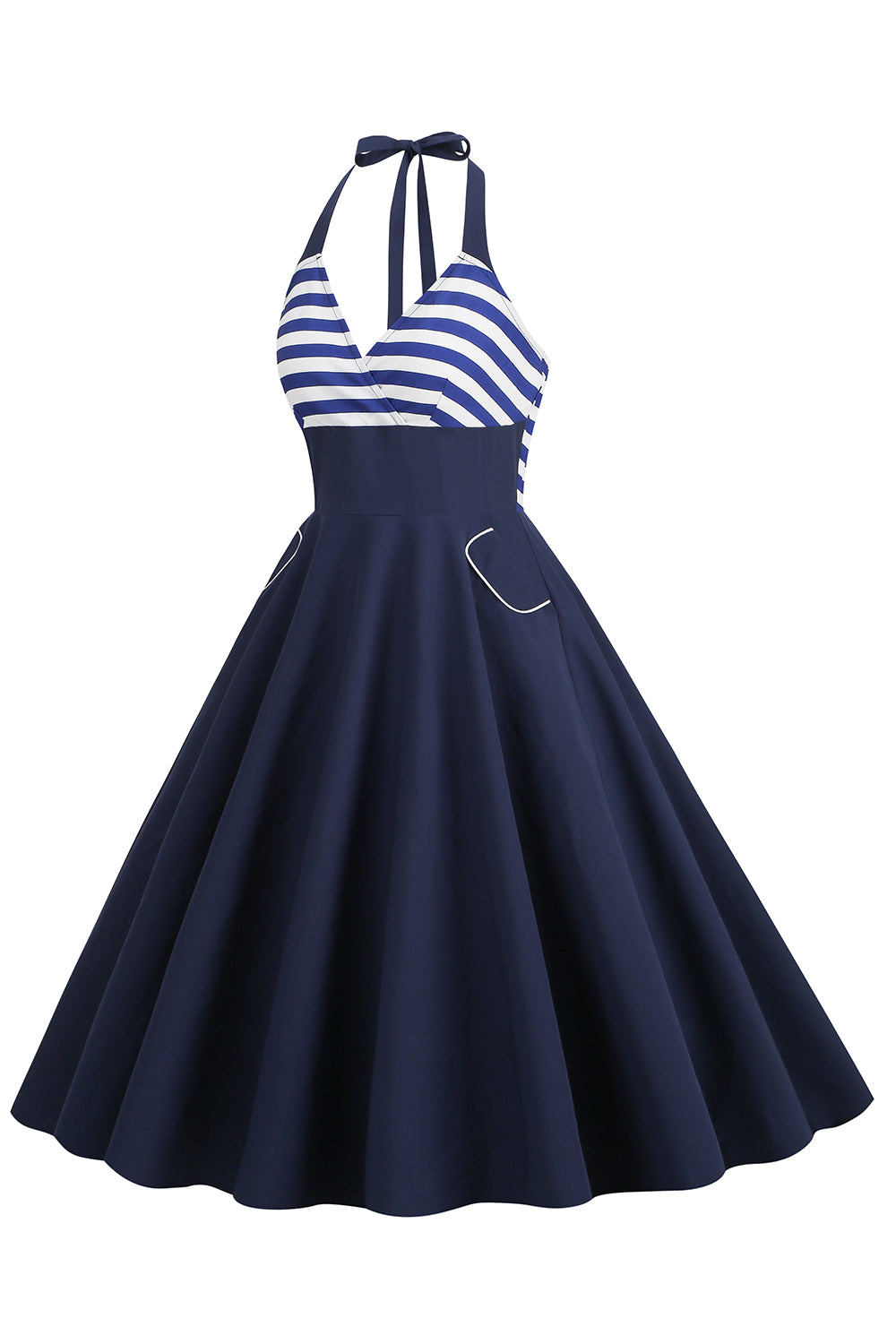 Halter Rayas Azul Vestido Retro Con Bolsillos