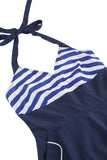 Halter Rayas Azul Vestido Retro Con Bolsillos