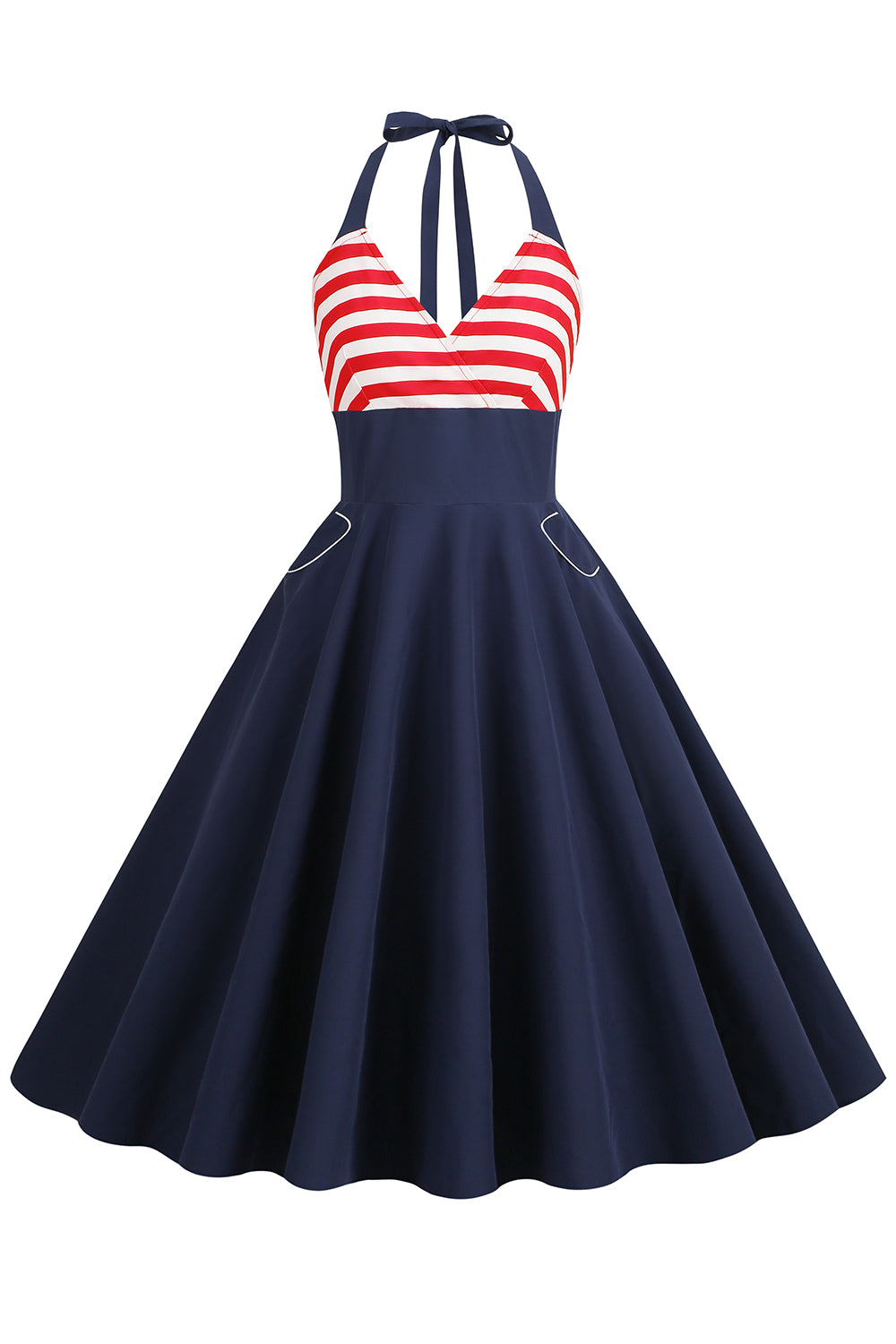 Halter Rayas Azul Vestido Retro Con Bolsillos