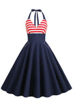 Halter Rayas Azul Vestido Retro Con Bolsillos