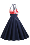 Halter Rayas Azul Vestido Retro Con Bolsillos