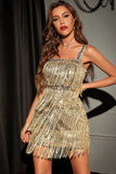 Vestido de fiesta de cóctel de lentejuelas doradas brillantes con flecos