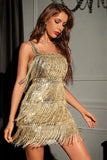 Vestido de fiesta de cóctel de lentejuelas doradas brillantes con flecos