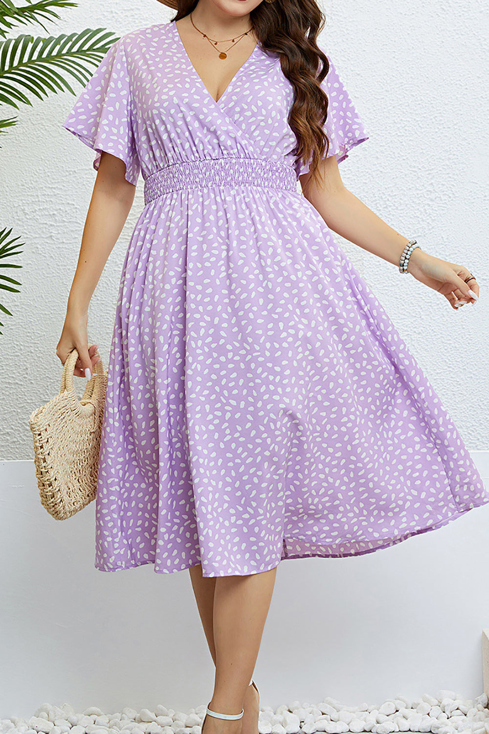 Vestido de Verano Cuello en V Lila Mangas Cortas
