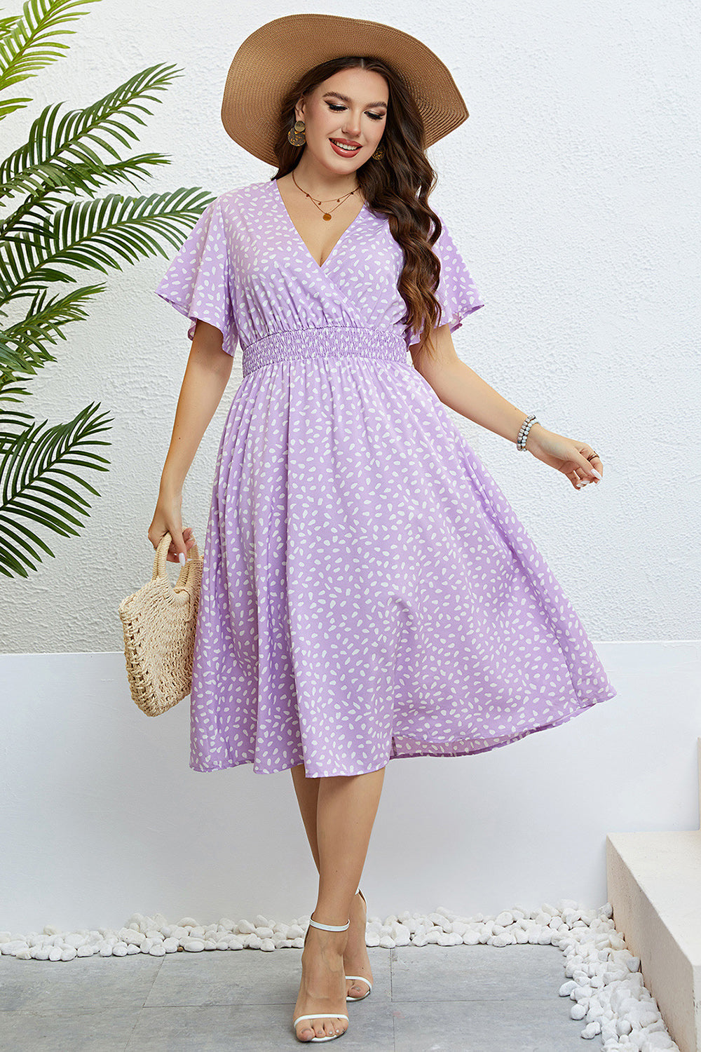 Vestido de Verano Cuello en V Lila Mangas Cortas