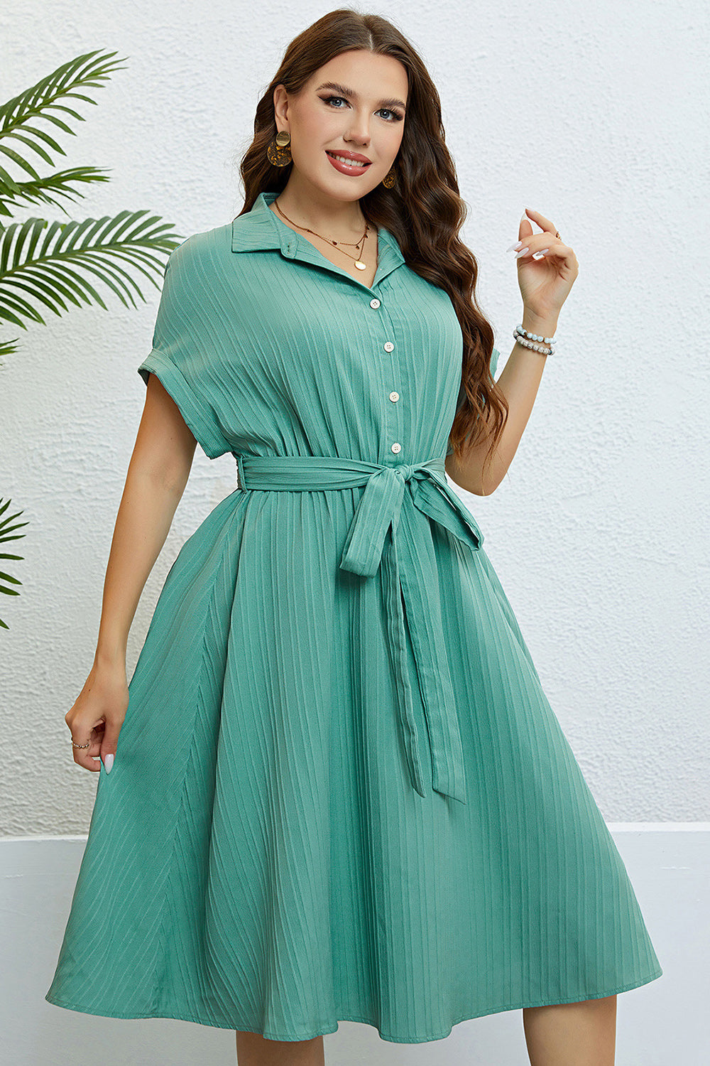 Vestido de Verano Con Cinturón Verde Mangas Cortas Talla Grande