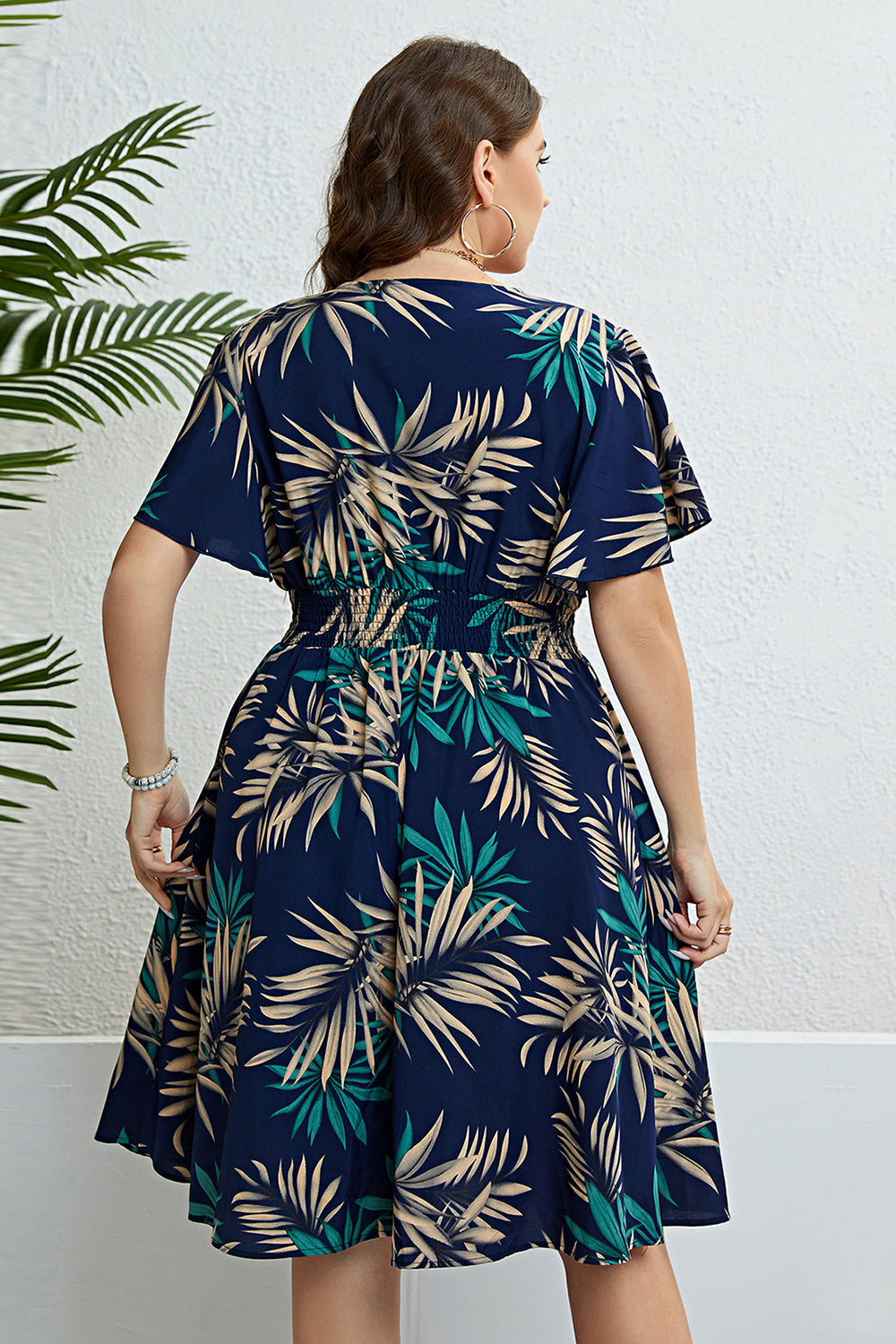 Talla Grande Azul Marino Cuello en V Vestido de Verano