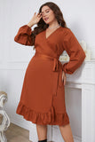 Vestido de Verano Marrón Mangas Largas Talla Grande Volantes